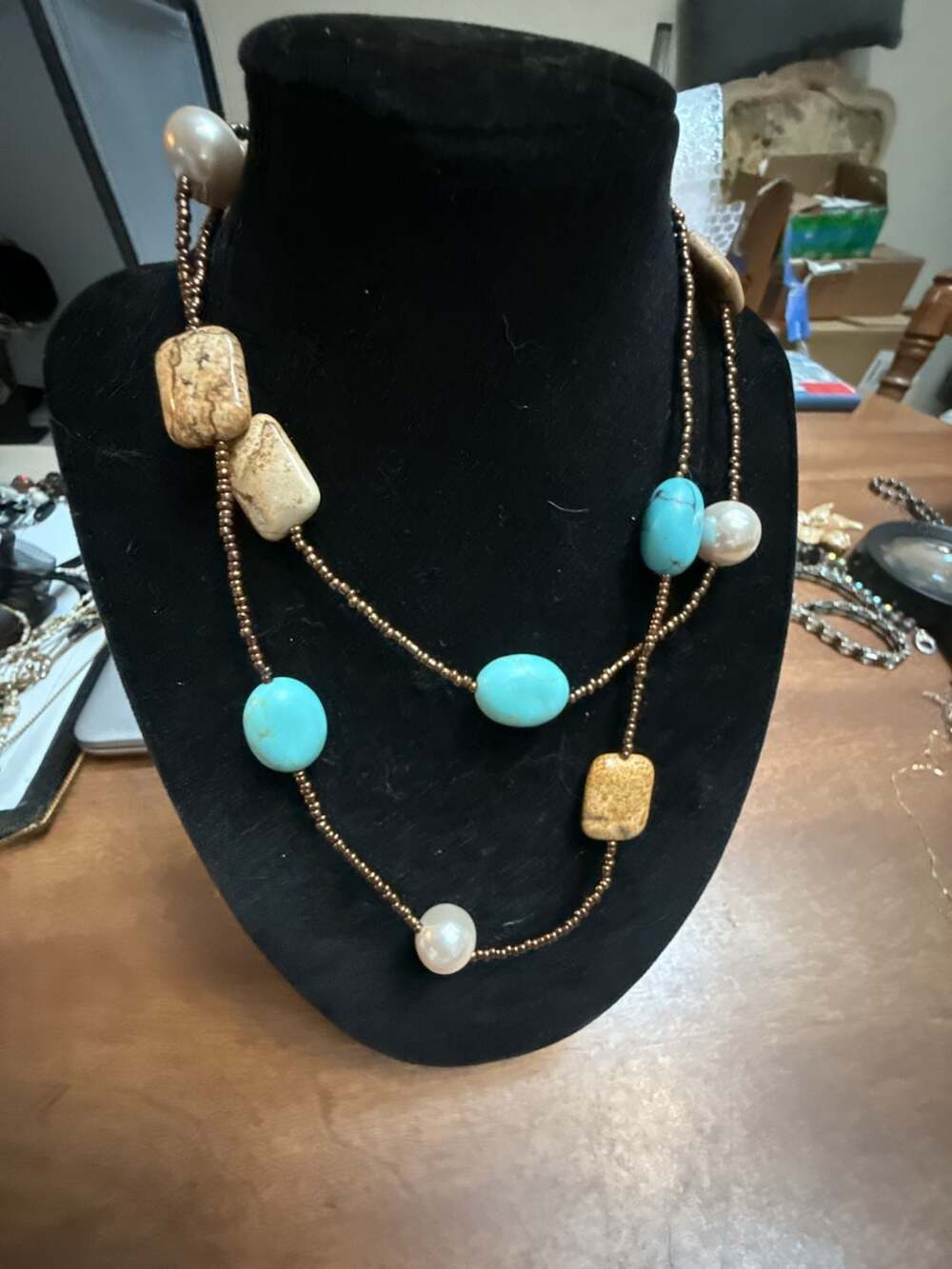 Lia Sophia Chunky Necklace Turquoise Colored Beads, Gold Chain and Beads. - ,